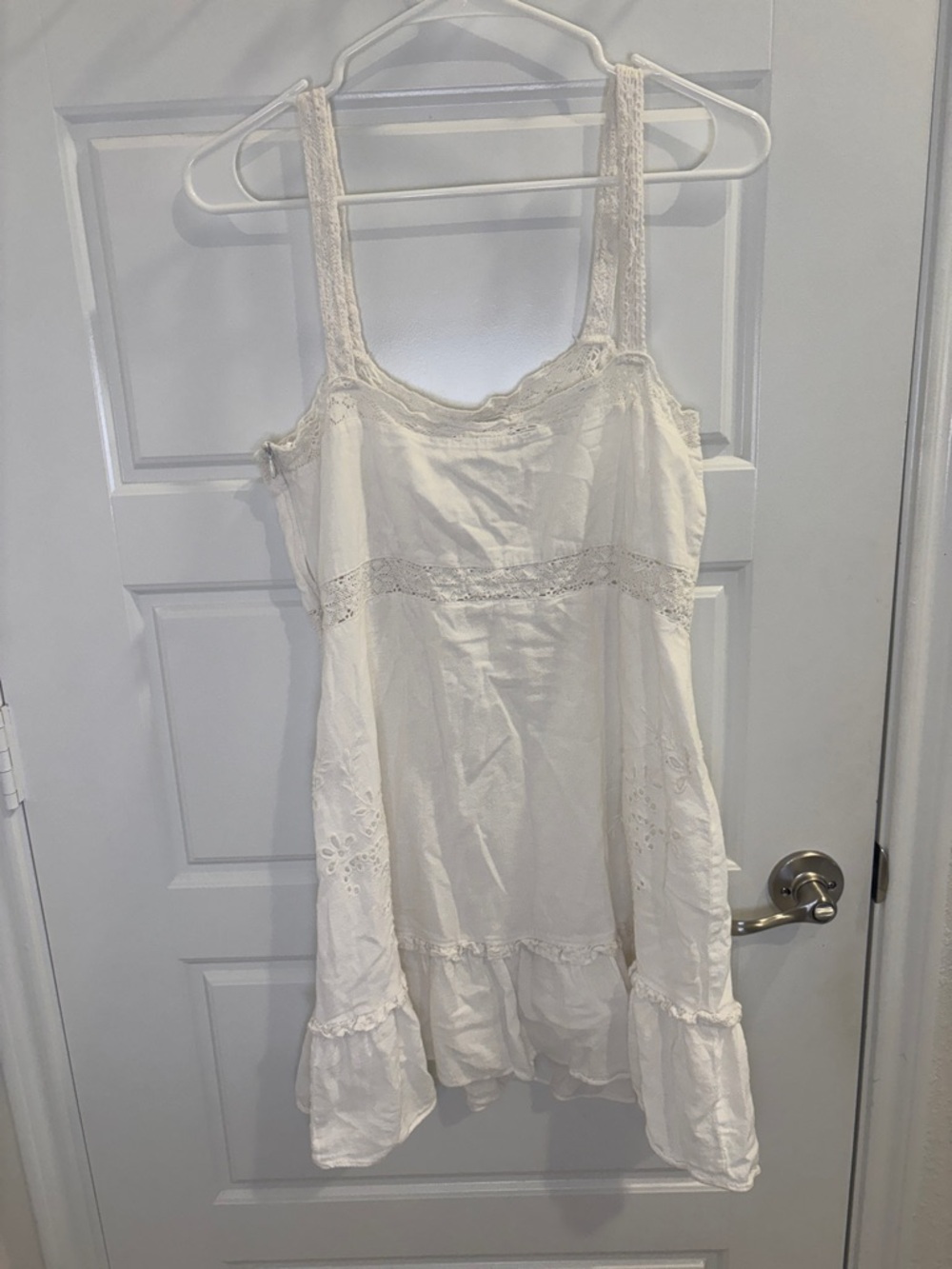 Zara White Eyelet Embroidered Mini Dress L Cotton Lace Trim Summer Cottagecore - Picture 3 of 4